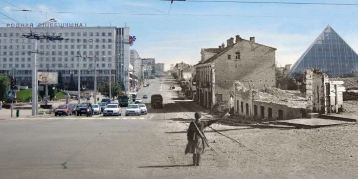 Улица Ленина из 1944 года в наши дни. Фотопроекция Виктора Борисенкова